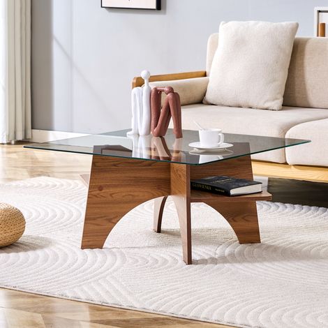 Table d’appoint, en MDF et verre, noyer, 80 cm, pour salon et salle à manger, le salon et le bureau, style moderne, rangement pratique