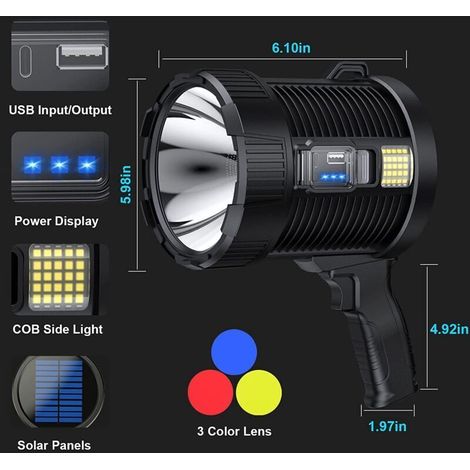 Faro ricaricabile, faro portatile a LED da 100.000 lumen, torcia grande, faro solare da esterno super luminoso, con lampada COB, 6 modalità, impermeabile IPX5 (nero) (1/4)