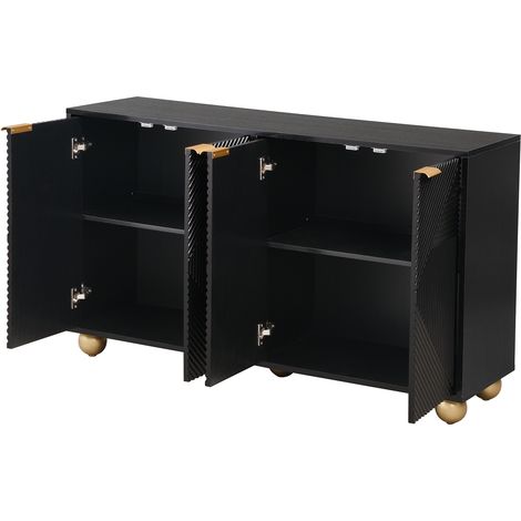 Credenza nera con quattro porte intagliate, ripiani regolabili e gambe sferiche in MDF (1/5)