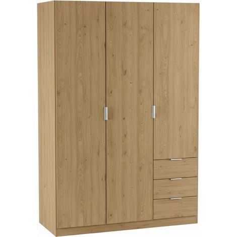 Armadio Con 3 Ante Battenti E 3 Cassetti Armadietto Con Asta Appendi Abiti E 3 ripiani Ideale Per Camera Da Letto Soggiorno Salone Ingresso Design Moderno Lancaster 180 x 121 x 52 Cm Colore Rovere - C