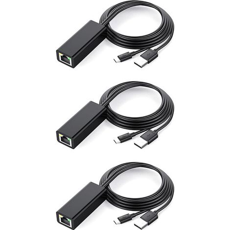 3x Ethernet-Adapter mit Stromkabel für TV Stick (2. Generation), 4K Stick, TV Square, kabelgebundener Micro-USB-auf-RJ45-LAN-Adapter, Schwarz