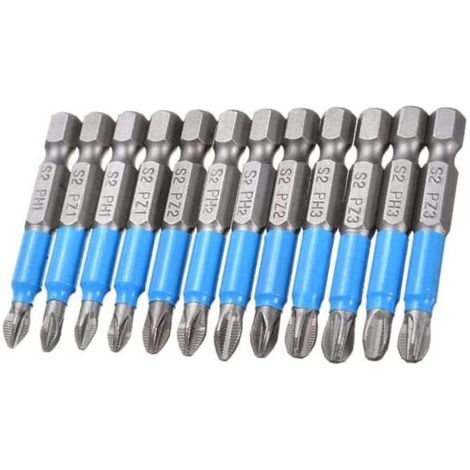 Set di 12 punte per cacciavite da 50 mm di lunghezza, punte magnetiche Pozidriv Phillips con attacco esagonale da 1/4" per trapani elettrici PZ1, PZ2, PZ3, PH1, PH2, PH3 (1/5)
