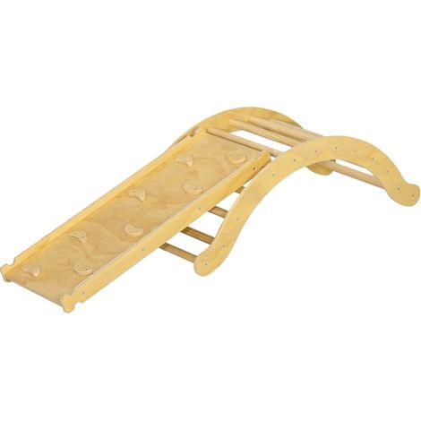 Set da arrampicata 4 in 1 per bambini in legno naturale con arco, rampa scivolo e cuscino (1/4)