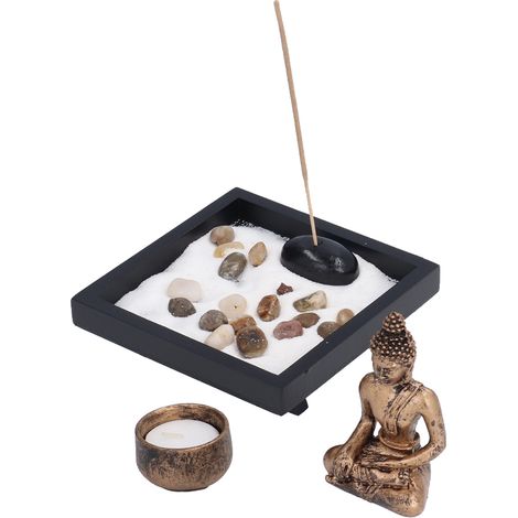 Statue de Bouddha en résine, porte-encens et photophore, décoration artisanale pour salon, avec accessoires en pierre (lot variable) et bougie incluse. (1/5)