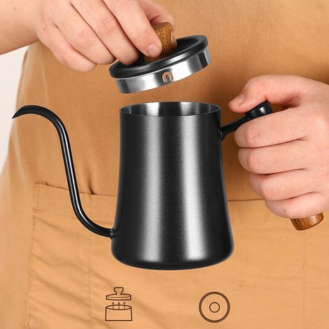 Bouilloire à café filtre 500 ml en acier inoxydable 304 avec bec verseur en col de cygne et graduation intégrée, idéale pour la maison et le camping (noir). (1/5)