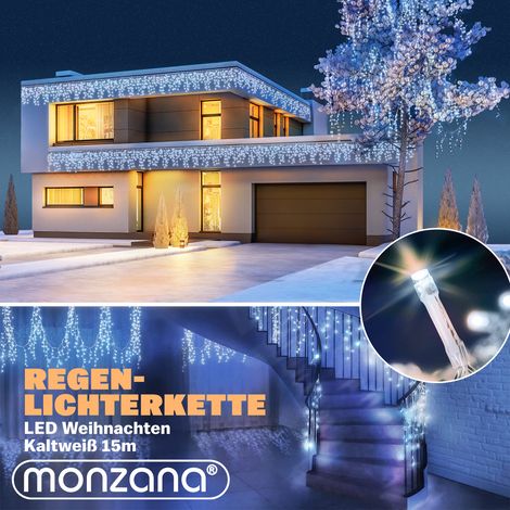 MONZANA® LED Regen Lichterkette warmweiß kaltweiß Innen Außen Eisregen Weihnachtsbeleuchtung Weihnachten Weihnachtsdeko 400 LED kalt-weiß Fernbedienung