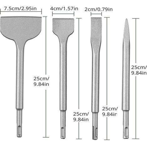 4-teiliges Betonmeißel-Set, Hammerbohrer-Set, inklusive Spitzmeißel, 20 mm, 40 mm und 75 mm Flachmeißel - Crezuo