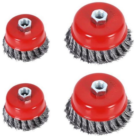 Brosse Métallique Nettoyage,4pcs Brosse Conique pour Meuleuse, Brosse de Ponçage en Acier Torsadé Diamètre de 75 mm et 100 mm, M14 (1/4)