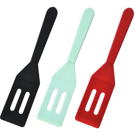 Juego de 3 espátulas de silicona con orificios en negro，verde menta y rojo，resistentes al calor，ideales para platos delicados (1/5)