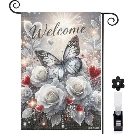 Drapeau de jardin décoratif 30 x 45 cm motif papillon et fleurs style vintage toile double face pour terrasse (1/5)
