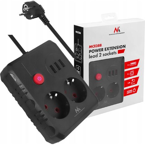 Regleta MCE388 B. Cable alargador con 2 enchufes y 3 puertos USB de 3 metros. (1/5)