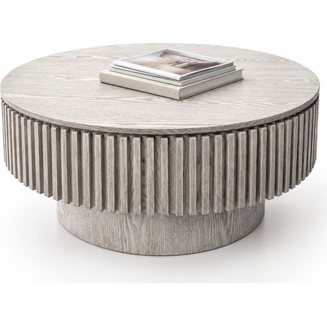 CHICFURN Mesa baja redonda 75 cm con almacenamiento, MDF y madera, blanco retro (1/5)