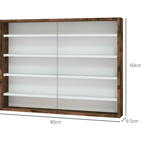 Vitrine réglable à 4 niveaux, murale, en verre et bois, 80 x 9,5 x 60 cm, marron (1/5)