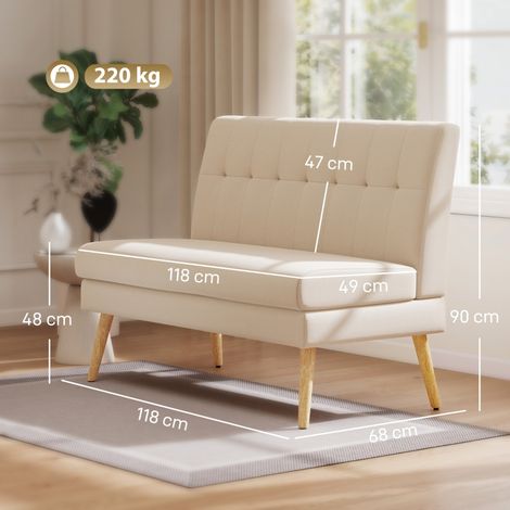 Canapé convertible 2 places beige, assise moelleuse, dossier matelassé, piètement bois clair, revêtement lin effet naturel, gain de place pour studio ou salon compact (1/5)