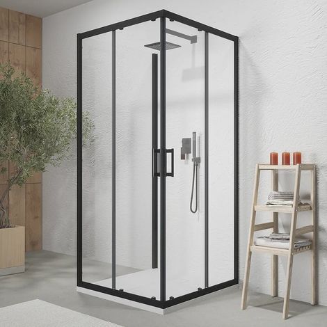 Cabine de douche noire mate à 3 côtés 70 x 90 x 70 cm avec double porte coulissante h 190 cm et verre transparent de 6 mm Tremiti (1/4)