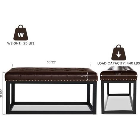 Banc rembourré de style rétro, doté d'une assise en similicuir capitonné banc de salle à manger à structure métallique de style industriel — idéal pour les entrées, les chambres, les salons ou en tan (1/3)