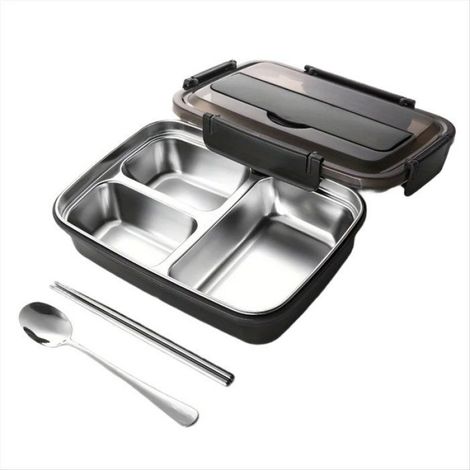 1 Boîte à lunch, Acier inoxydable, 3 compartiments, Étanche, Facile à nettoyer, Pour étudiants et employés (1/5)