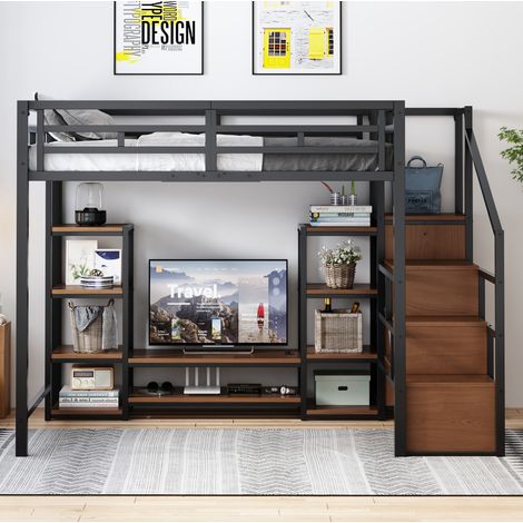 Lit mezzanine 140x200 avec support TV, prise et échelle de rangement en métal et MDF noir OKWISH (1/5)