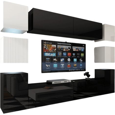 Set di mobili da soggiorno nero e bianco appesi collezione CEPTO XIV 256 cm, 10 mobili, LED, cubo bianco (1/5)