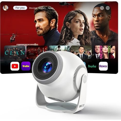 Intelligenter Mini-Projektor mit Android 14 Betriebssystem und automatischer vertikaler Trapezkorrektur – Tragbarer Projektor für Schlafzimmer und Heimkino (1/2)