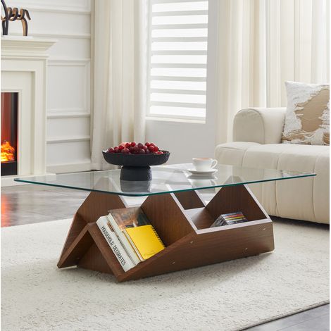 Mesa de centro de MDF acabado nogal con tablero de vidrio templado transparente y almacenaje abierto (1/5)