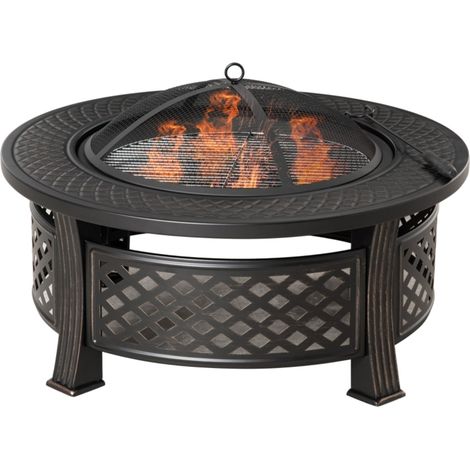 Brasero en acier noir rond avec pare-étincelles, pelle à feu et table d'appoint - 81 x 81 x 50 cm (1/5)