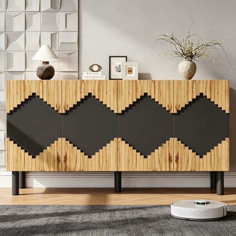 Buffet bas de rangement 140 x 40 x 70 cm effet bois et noir avec 4 portes push-open, motif losange, 4 compartiments, MDF et aggloméré (1/5)
