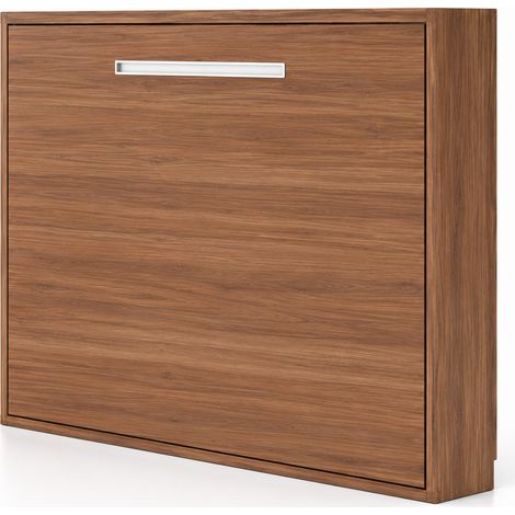 Lit escamotable horizontal MOLANE – Sommier à lattes - Poignée incurvée acier blanc 59cm Noyer Sans matelas-90x200-Cadre Noyer-Façade Noyer (1/5)