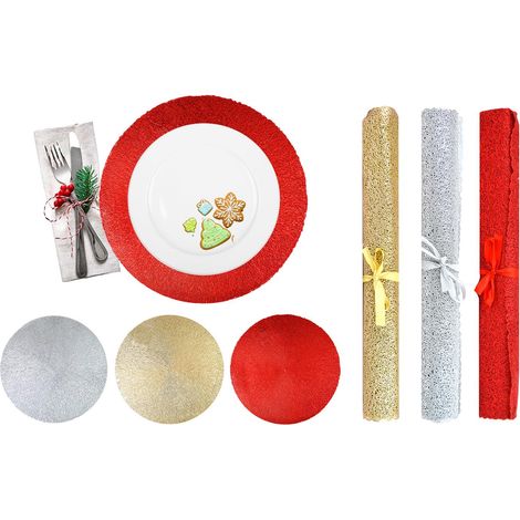 Red Mesh Place Mats Washable Heat Resistant Christmas Table-Mat+Table Runner (1/4)
