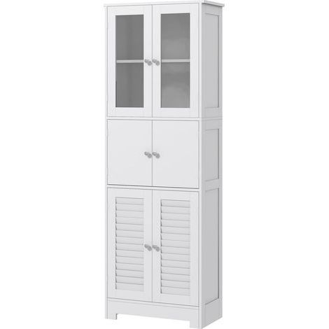 Meuble de salle bain colonne avec 3 placards et portes vitrées à persiennes 60 x 30 x 170 5 cm blanc