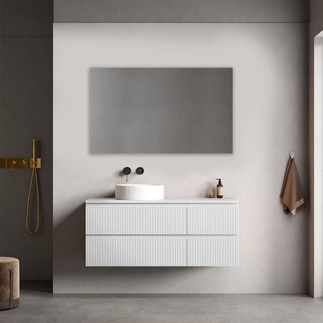 Mobile bagno sospeso cannettato reversibile 120 cm Bianco Opaco per Lavabo d'appoggio Specchio Quadro - Fiji Paint Top Canneté (1/4)