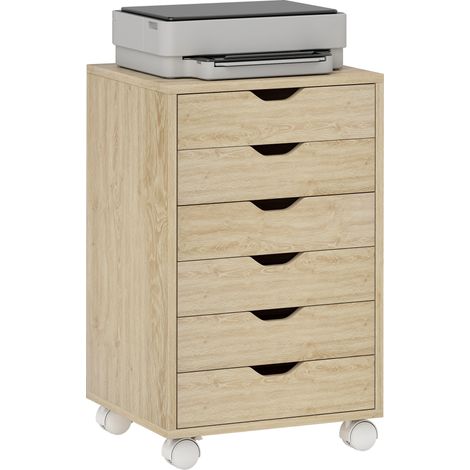 Commode de bureau à 6 tiroirs avec 4 roulettes et serrure, 40 x 35 x 63 cm, chêne (1/5)