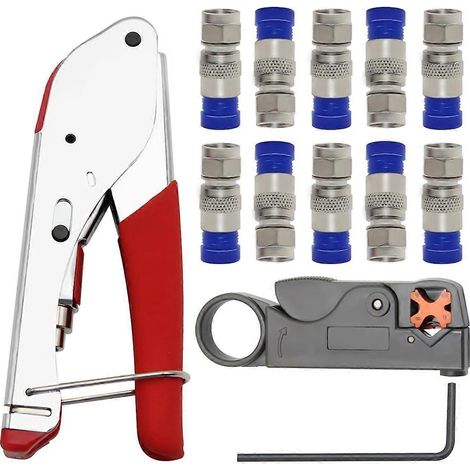 Kit de sertissage pour câbles coaxiaux RG59 et RG6, comprenant une pince à sertir et à dénuder, ainsi que 10 connecteurs F RG6. (1/5)