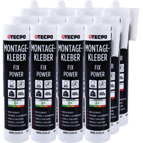 TECPO Montagekleber Fix Power, 12x 480g Universal Baukleber Kartuschen Kraftkleber 200kg 10 cm² für Akustikpaneele, Styropor, Sockelleite Innen und Außen schnelle Verklebung ohne Grundierung