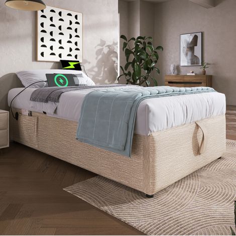 FLORAGRACE Lit coffre 90x200 cm en tissu beige, port USB Type‑C, sommier plein, sans tête de lit, cadre métal et bois (1/5)