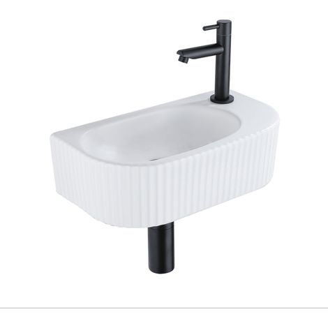 QeramiQ Fuente Ensemble de Lavabo - 40x21.5x12cm - droite - strié - demi-rond - 1 trou de robinet - céramique - ensemble de robinet noir mat - bouchon (1/5)