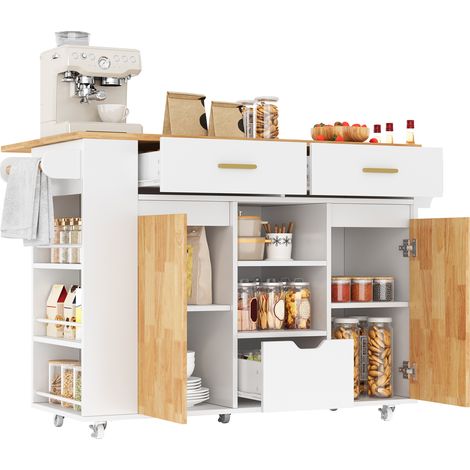 Îlot central de cuisine extensible Blanc, desserte, avec 3 tiroirs, plan de travail, sur roulettes, 120x71x90cm (1/5)