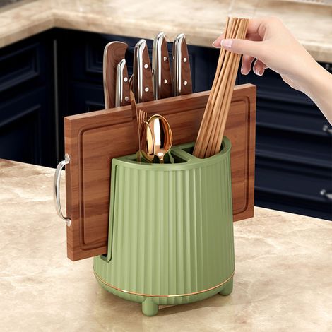 Porte-couteaux rotatif multifonctionnel, planche à découper, support de rangement pour couteaux, grande capacité, égouttoir, étagère à baguettes et couteaux, simple couche, vert avocat (1/5)