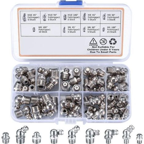 – Kit de 60 graisseurs à visser M6 M8 M10 – Angles 45° 90° 180° – Fer nickelé résistant à la corrosion – Pour machines industrielles (1/5)