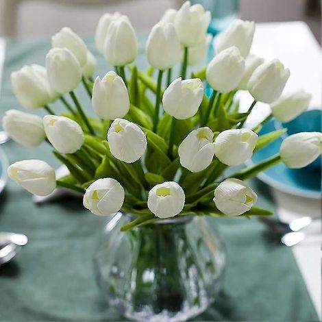 10 atemberaubende, realistisch wirkende künstliche Tulpensträuße aus PU-Kunststoff mit Stiel – gelb-white (1/4)