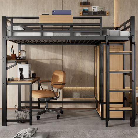 Lit mezzanine en fer, avec armoire à double porte, escalier avec rampe, bureau et étagère de rangement, lit supérieur avec compartiments de rangement, fer et MDF, noir et naturel, 90 x 200 cm (1/4)