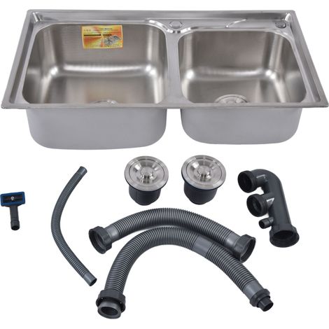 Évier de cuisine double bac inox 304 brossé, anti-rayures, imperméable, usage professionnel bar café. (1/5)