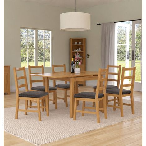 Hallowood Furniture Waverly Oak Extendable Dining Table and Chairs Set 6, Rectangular Small Kitchen Space-Saving Table and Chairs in Ladder Back and Charcoal Grey Fabric Seat Pads for Home and Café (1/5)