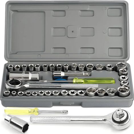 Coffret de clés à douille, coffret de 40 clés à douille, boîte à cliquet, accessoires pour cliquet, tournevis, jeu de cliquet, outil, pouces, coffret en acier, jeu d'embouts, douilles (1/5)
