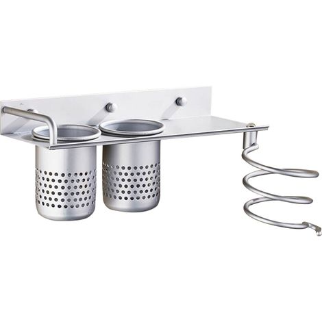 Hair Dryer Holder Wall Mounted Hair Dryer Hanging Rack With Organizer Cup Aluminum Storage Rack for Bathroom Barbershop Washroom (1/5)