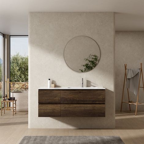 Mobile bagno sospeso 120 cm Bruno Scuro Lavabo a Destra in Ceramica Specchio Tondo - Fiji Wood (1/4)