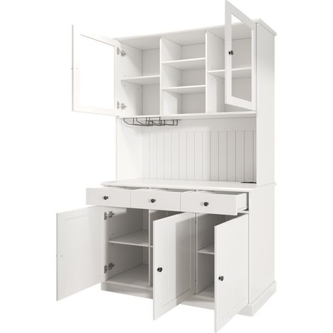 Buffet haut blanc 120x40x191 cm avec portes vitrées, porte-verres et prises USB (1/5)