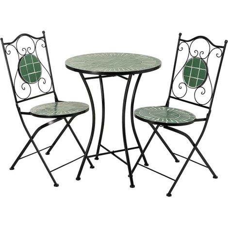 Conjunto mesa y 2 sillas de mosaico y forja verde, mesa:D60x75h-silla(