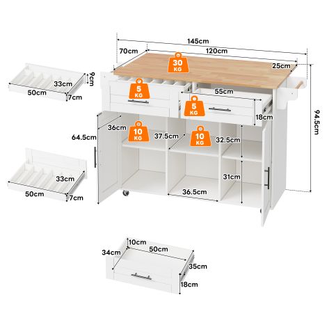 Îlot de cuisine mobile multifonction (avec extension de plan de travail rabattable, étagères réglables, 5 roulettes et tiroir à couverts dissimulé) — Idéal pour cuisines, salles à manger, salons, etc.