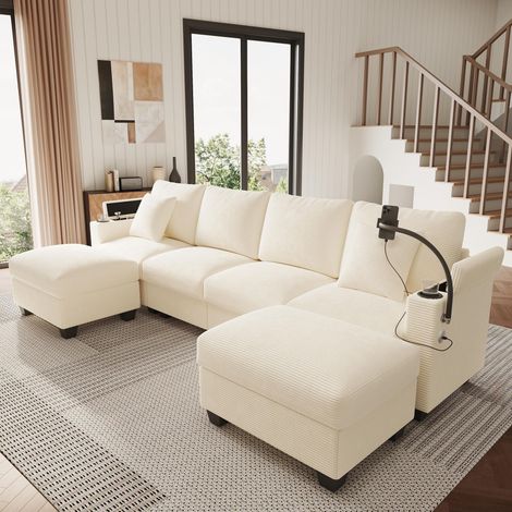 Ensemble de canapés de salon en forme de U avec fonction couchage, canapé modulable en velours côtelé, canapé d'angle avec support pour téléphone et port de chargement USB, convient au salon, (1/5)